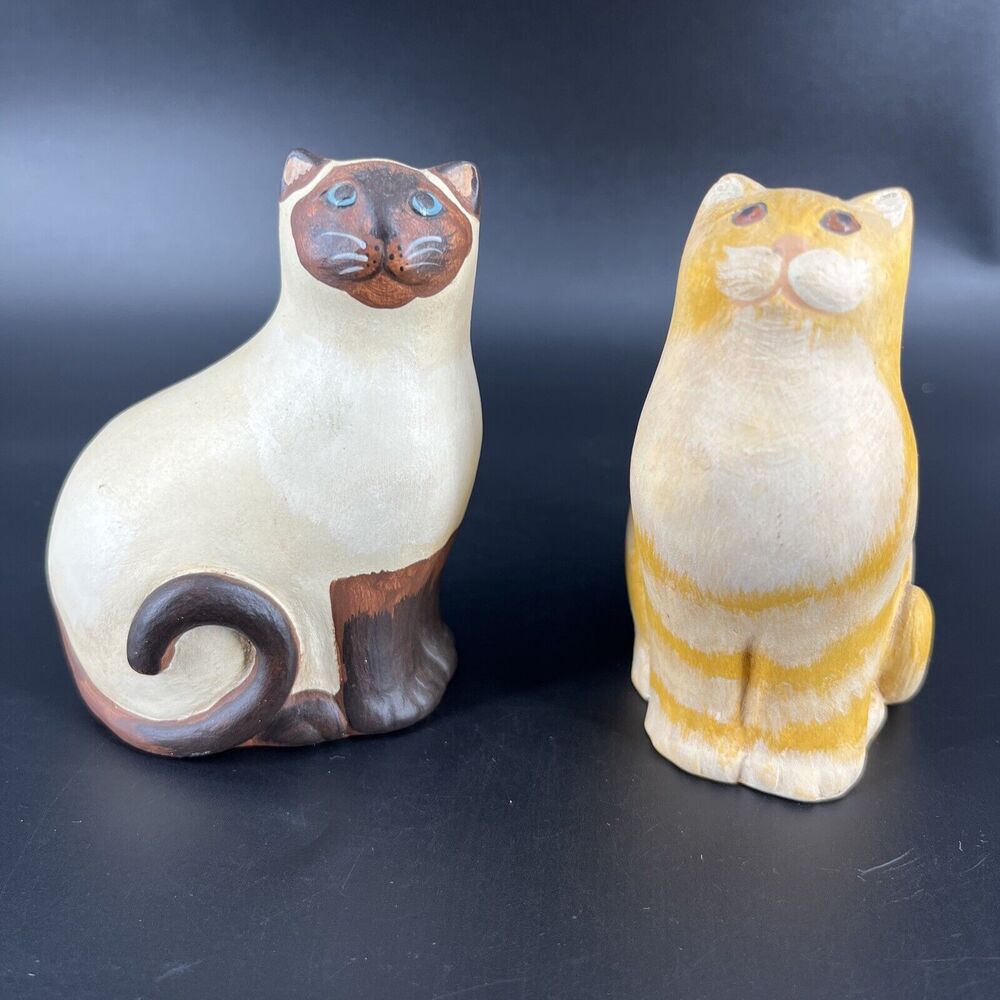 Vintage 1989 Artisans Cat Chalk Ware Figurines Folk Art Unique Designs Set 2